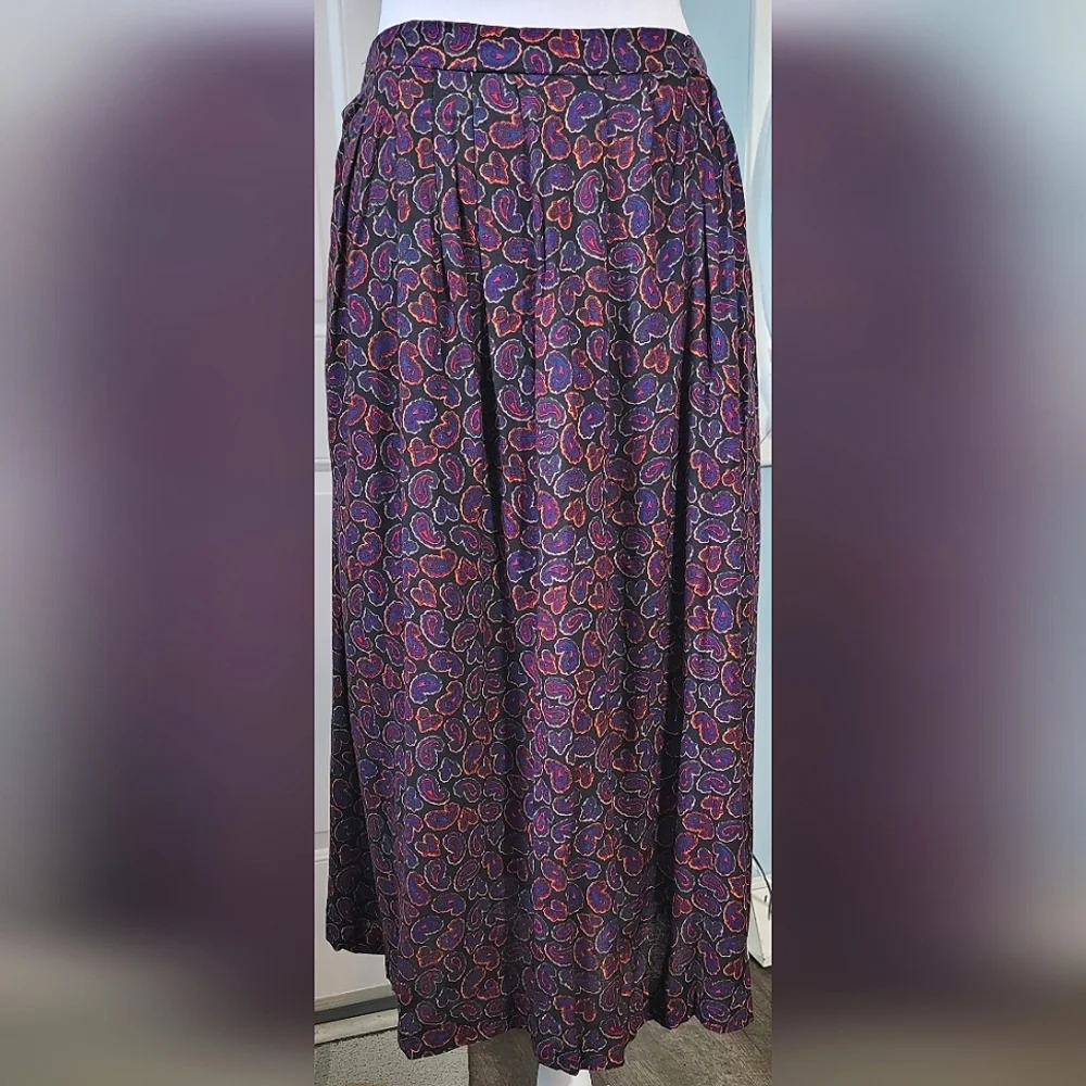 Vinatge 80's Midi Skirt Women's 16 Black, Purple & Multi Paisley Elastic Waistba